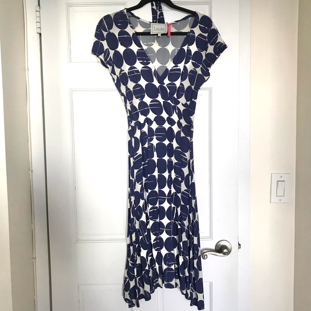 Leota purple white geometric circle print cap sleeve faux wrap dress with belt